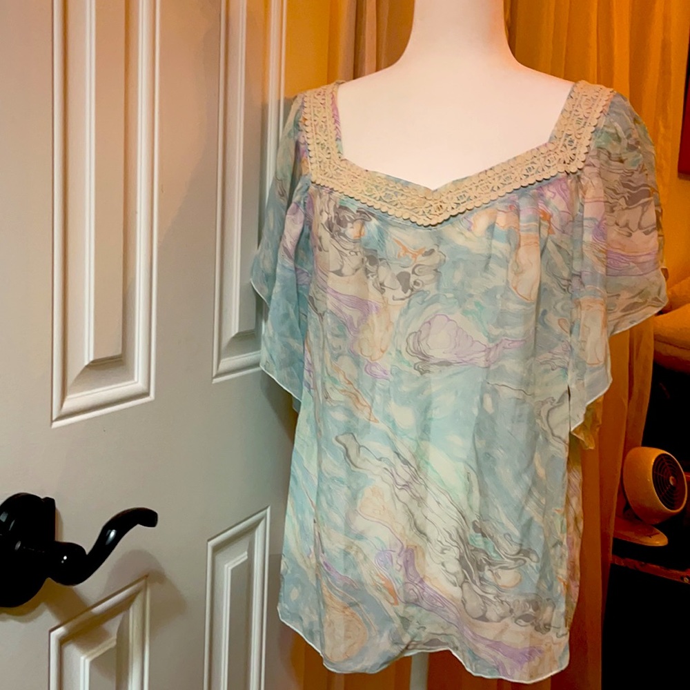 Anna Sui Silk Pastel Marbled flutter sleeve top -Super Stunner Staple - Picture 2 of 8